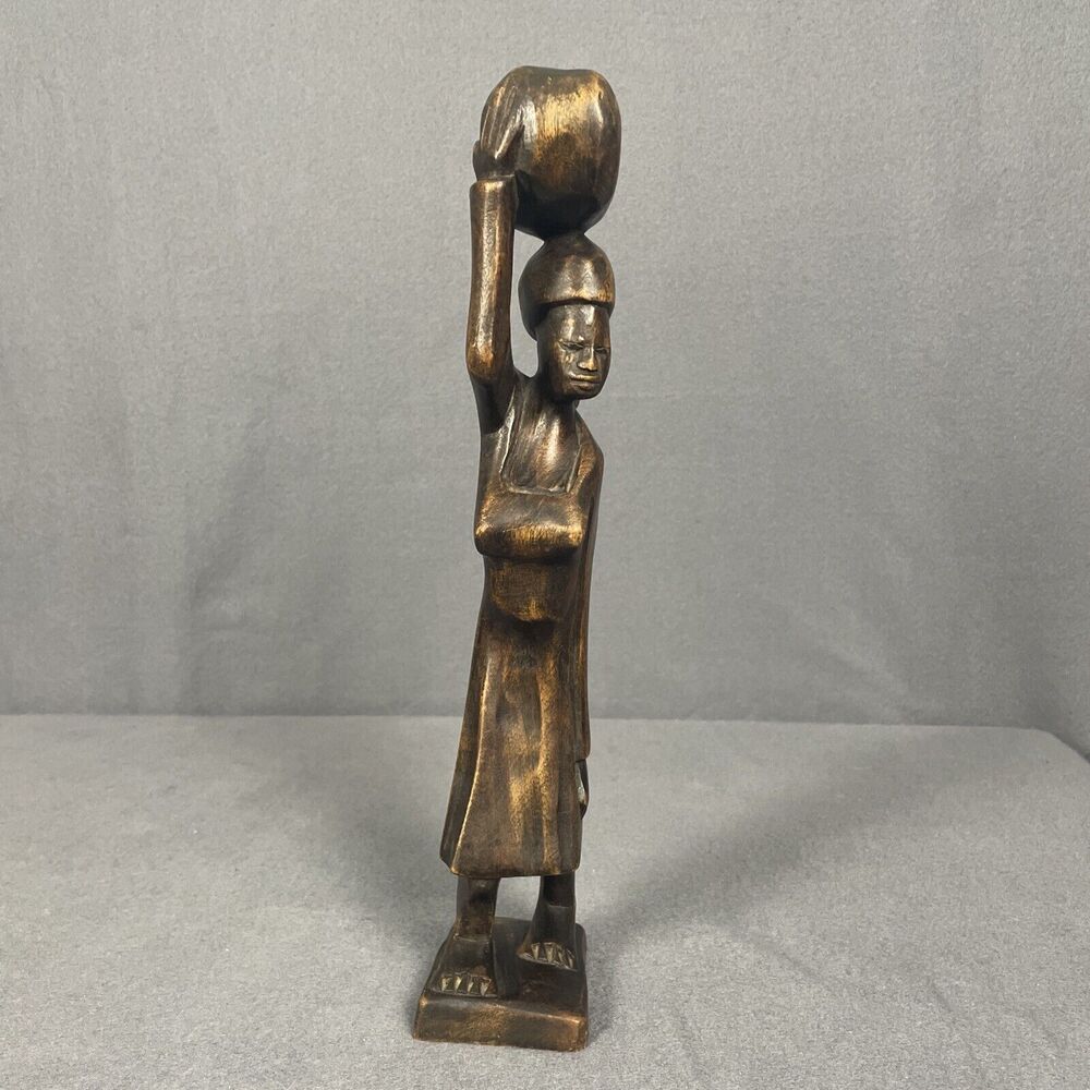 Vintage African Hand Carved Wood Folk Art Tribal Statue Woman Carrying Water
